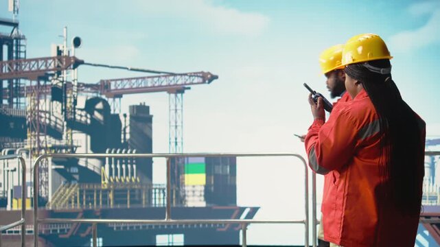 Offshore platform worker speaking in walkie talkie, testing safety system. Radio operator oversees mechanical and structural integrity of drilling rig, managing logistics flow, camera A