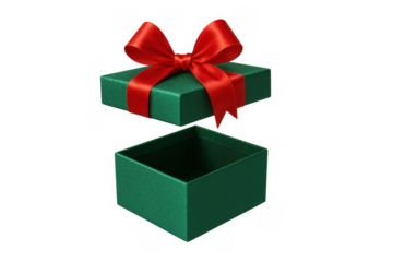 Green gift box opening, red ribbon creating anticipation for surprise or new beginnings, transparent background