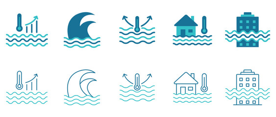 Climate Rise Icon set. Global Warming, Greenhouse Effect, Renewable Energy. Vector and illustrator set