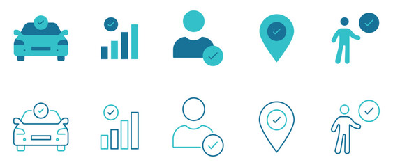 Verified Icon set. Tools, driving license, face id, code. Vector and illustrator set