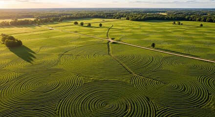 Fototapeta premium Breathtaking aerial view of vast green field with mesmerizing circular patterns and a winding road leading towards a distant forest under a golden sunset sky