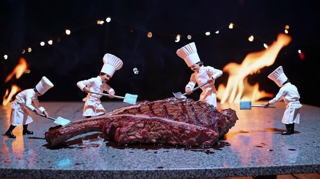 Miniature chefs working together, grilling oversized tomahawk steak with precision, surrounded by dramatic flames and soft bokeh lighting in creative culinary scene