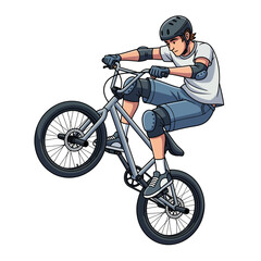 Fototapeta premium Young BMX rider performing impressive wheelie stunt with helmet and pads