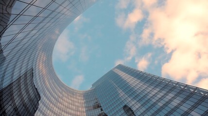 Futuristic architecture with glass facade reaching towards a cloudy sky