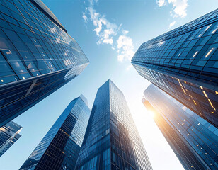 青空をバックにガラス張り高層ビル群を見上げる低アングル写真