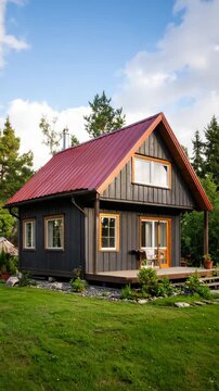 Charming cottage exterior, dark wooden cladding, red roof, green lawn, nestled amongst trees, cozy architecture, tranquil scenery, summer day