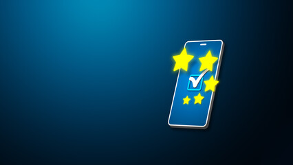 Mobile App User Feedback Concept with Five-Star Rating and Check Mark on Smartphone Screen, Customer Satisfaction and Review Symbol