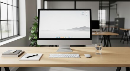 Fototapeta premium Modern office workspace with desktop computer and minimalist decor in bright sunlit room