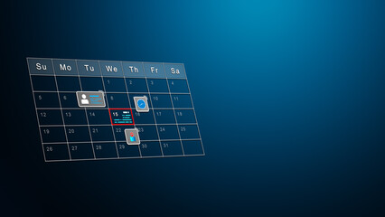 Modern Digital Calendar Interface with Highlighted Dates and Event Icons Including ID, Clock, Location, and Task List on Blue Gradient Background