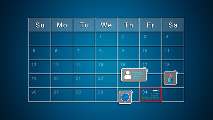 Digital Calendar Interface with Event Icons Highlighting Identity, Clock, Location and end of month tasks. Modern Organizer Illustration