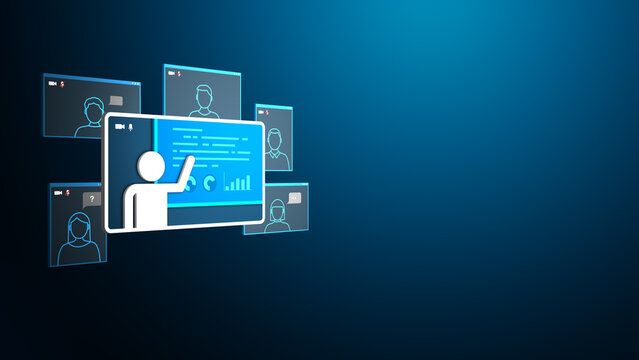 Virtual webinar presentation concept with presenter and participants in video call windows, digital learning and remote training illustration
