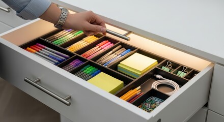 Organized office drawer with stationery supplies and colorful items