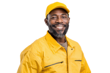 Smiling man wearing yellow work uniform and cap poses for a friendly portrait in a bright setting