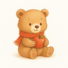 Joyful brown teddy bear holds red apple, wearing warm orange scarf