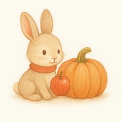 Obraz premium Happy bunny with an orange scarf celebrates autumn harvest alongside pumpkin and red apple