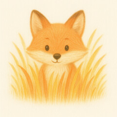 Obraz premium Cute little fox peeks from tall golden grass with joyful and friendly face