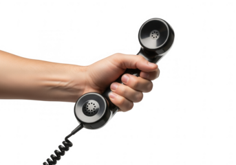 Hand holding a black vintage telephone receiver, ready to answer a call