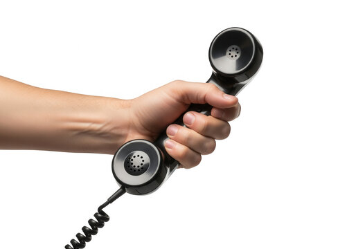 Hand holding a black vintage telephone receiver, ready to answer a call