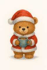 Cheerful teddy bear in festive Santa costume holds cozy mug of Christmas drink