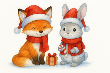 Joyful fox, happy rabbit, festive holiday celebration, winter scene, Santa hats