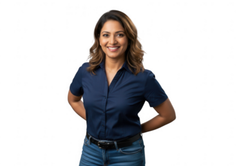 Smiling south asian woman in blue shirt poses with hands behind back