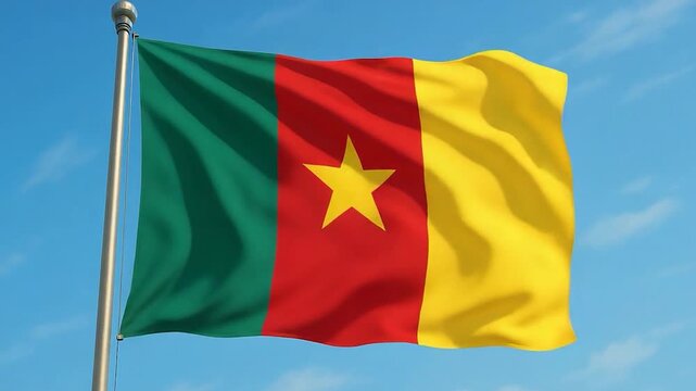 Cameroon Flag Waving Proudly in the Blue Sky.