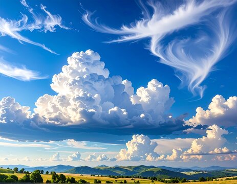 Brilliant blue sky with puffy white clouds over rolling green hills