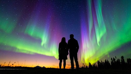Fototapeta premium Silhouette Couple Under Vibrant Northern Lights Night