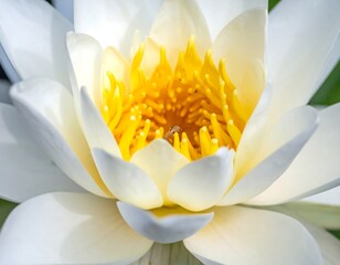 Close-up captures a pristine white and yellow water lily