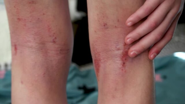 Child with atopic dermatitis scratching irritated skin and itching in the back of the knee. Secondary infection of wounds