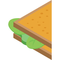 Close up isometric view of a simple sandwich with lettuce and toasted bread slices on a clean white background with soft lighting