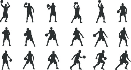 Basketball player poses, sports silhouette, dribbling action, shooting stance, passing motion, athletic gesture, training reference, flat vector illustration
