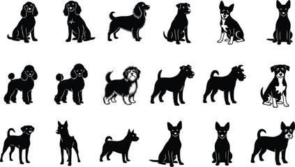 Dog breed silhouettes, cartoon pet icons, sitting and standing poses, canine variety, animal character set, flat vector illustration