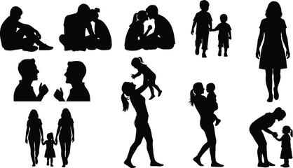 Adult child interaction, family bonding silhouettes, emotional connection poses, caring gestures, parenting moments, relationship icons, flat vector illustration