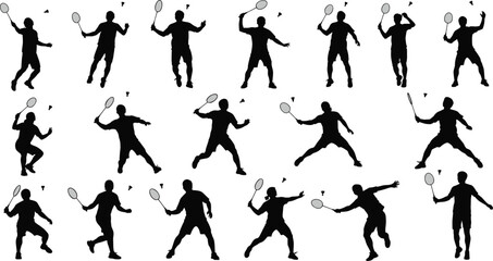 Badminton player poses, sports silhouette, racket action, shuttlecock hit, athletic movement, training reference, flat vector illustration, dynamic badminton icons