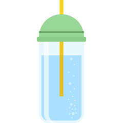Clear Plastic Tumbler With Light Blue Liquid and Yellow Straw With Green Lid Isolated on White Background and Bubbles Floating Upwards