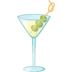 Clear Martini Cocktail with Three Green Olives on a Skewer in a Crystal Glass with a Transparent Background and Subtle Reflections