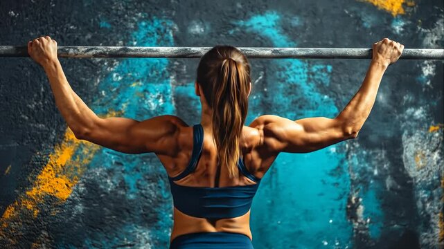 Athletic Woman Preparing to Do Pull Ups in Gym, Rear View