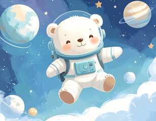 Cute Cartoon Astronaut Polar Bear Floating in Whimsical Space