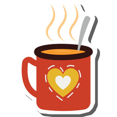 A Red Coffee Mug with a Heart Design and Steam Rising Features a Spoon Inside on a Transparent Background
