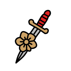 A dagger with a red handle and a yellow flower, representing bravery or sacrifice.