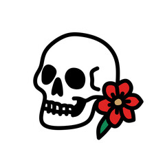 A white skull with a red flower, symbolizing mortality and remembrance.