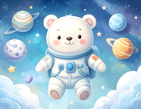Cute Cartoon Astronaut Polar Bear Floating in Whimsical Space - Powered by Adobe