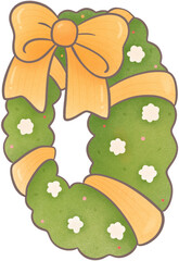 Christmas wreath decorated with red ribbons and flowers.