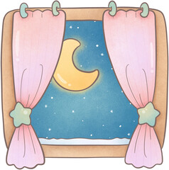 The window with pink curtains and moon.