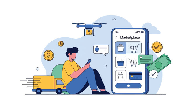 Online Shop App Vector – Online Shopping and E-Commerce Platform Illustration E-Commerce Vector – Digital Marketplace and Mobile Shopping Design