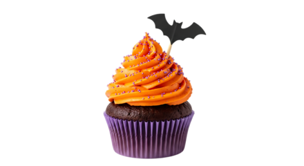 Halloween chocolate cupcake with orange frosting and bat topper isolated on transparent background