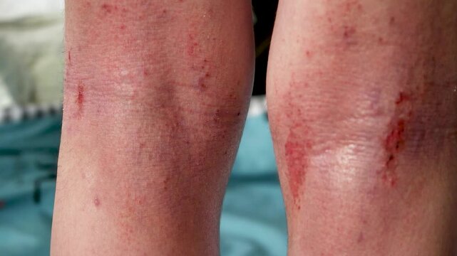 Child applying therapeutic cream to irritation in the back of the knee with atopic dermatitis. Children's allergy.