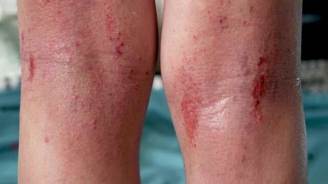 Applying healing cream to irritation in the back of the knee with atopic dermatitis. Skin treatment for allergy.