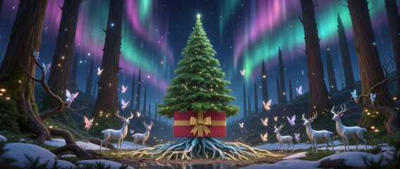 Magical Christmas tree glowing in an enchanted winter forest under colorful aurora with peaceful deer celebrating